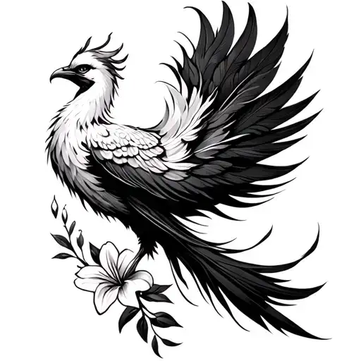 Large phoenix with lots of feathers in black white on the left flüel small lilies and small leaves and in the tail in the tail tattoo design idea