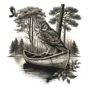 canoe and trees and owls and wolves  tattoo design idea
