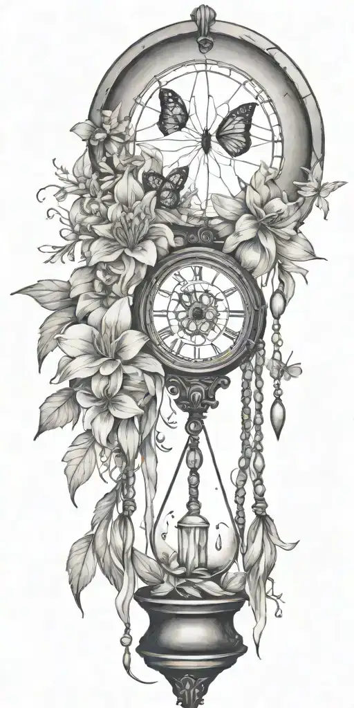 An hourglass moon dream catcher filled with lilies and butterflies Queen Anne's lace  nature tears broken depressed tattoo design idea
