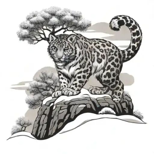 snow leopard stalking down snowy mountain with bonsai tree tattoo design idea