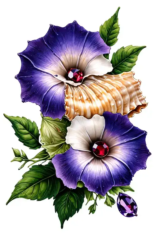 conch shell of morning glory and garnet  and tanzanite stones tattoo design idea