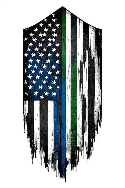 subdued American  flag with thin blue and thin green line in the center tattoo design idea