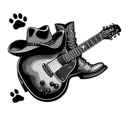 dog paw print surrounded by guitar cowboy hat female cowboy boot tattoo design idea