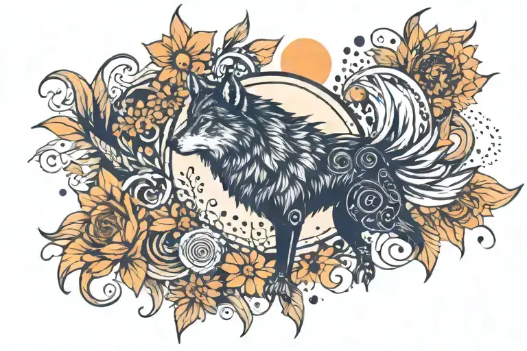 flower sun moon wolf tattoo design idea