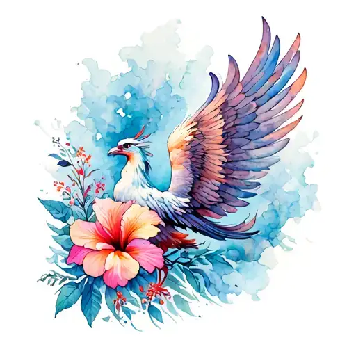 back of phoenix rising from ashes with wings flying, with hibiscus flowers tattoo design idea