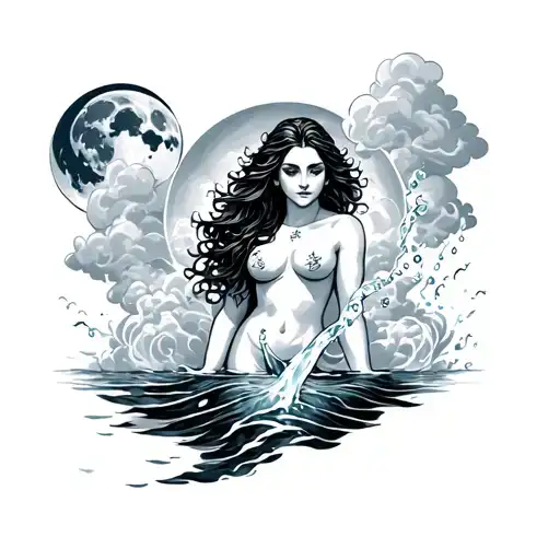 sexy Aquarius goddess pouring water out from the clouds in the sky with the moon. tattoo design idea