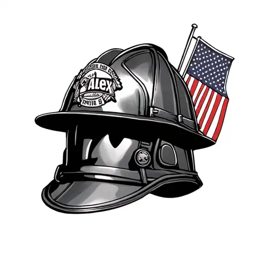 Fire helmet with a police badge with an America flag and the name "Alex" with a do 8/31/22 and a rip Jacob 8/17/18 tattoo design idea