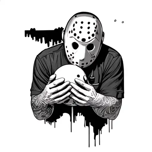 Billy Loomis looking downward at his Ghostface mask in his hands, with Jason voorhees next to him tattoo design idea