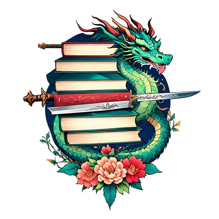 feminine stack of books with a dragon, sword and fantasy scene with flowers  tattoo design idea