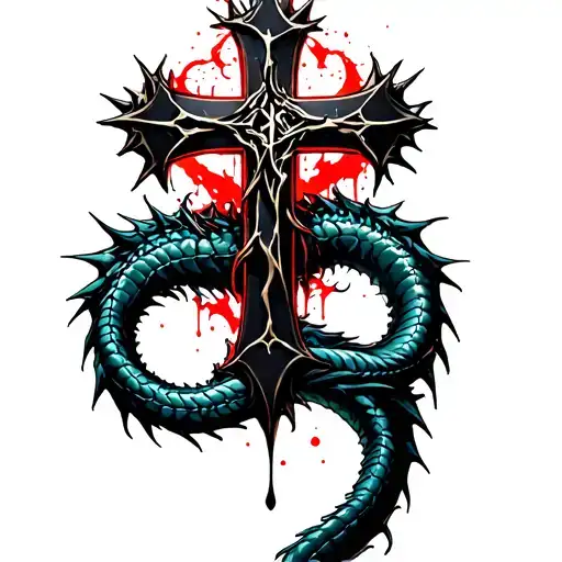 Leviathan cross with crown of thorns near the top, splash of red tattoo design idea