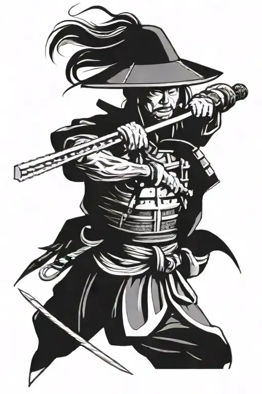 samurai with 3 swords in a fighting stance with a triangular hat and with all sorts of lines and drawings around tattoo design idea