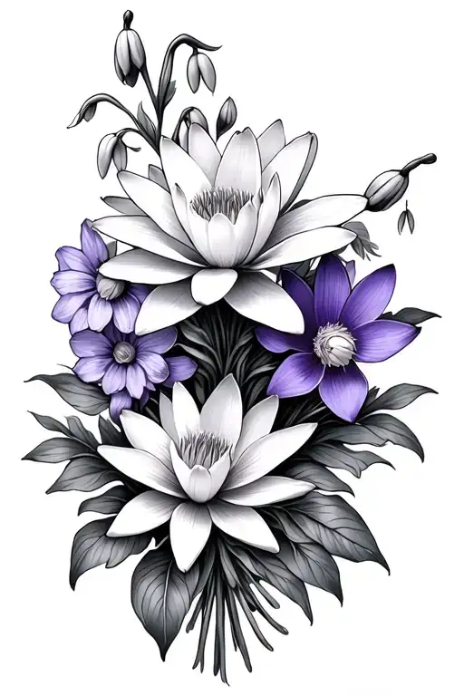flower boquet with water lily snowdrop violet and primrose  tattoo design idea