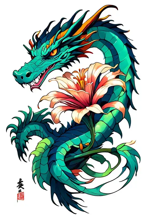 dragon, cyberpunk, spider lilly flower surrounded tattoo design idea