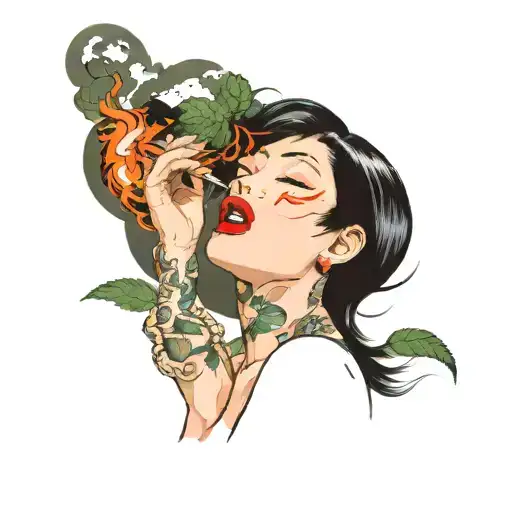 sexy woman smoking a blunt surrounded by weed tattoo design idea