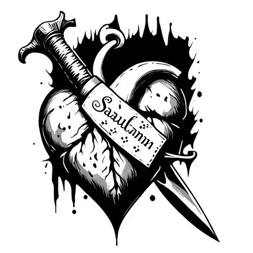 beat up heart with a bandaid and a going through it. the name Saul written in Latin letters on the handle of the dagger  tattoo design idea