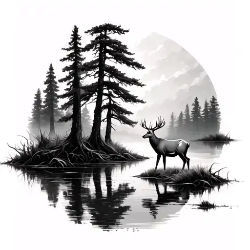 realistic cypress tree swamp with deer standing tattoo design idea