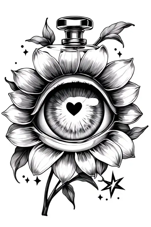 heart iris eyeball, lip shaped flower petals, old english mirror, stars, perfume bottle tattoo design idea
