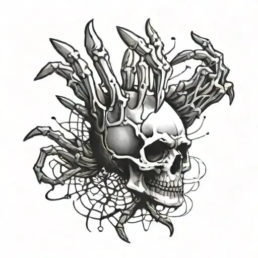hand skull tattoo with bones on fingers with spider wed and spider on it tattoo design idea