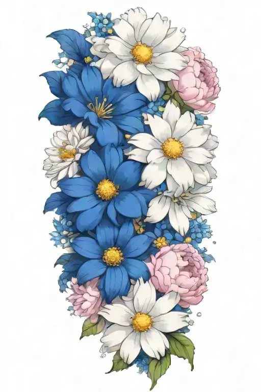 an intricate boquet of white daisys, blue cosmos flowers, and pink peony tattoo design idea