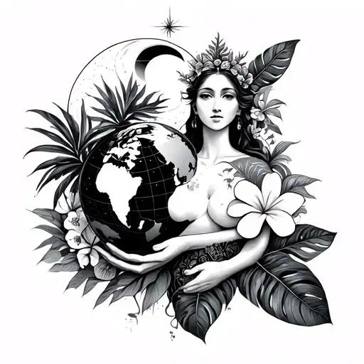 goddess holding globe surrounded by tropical plants, frangipani, monstera, moon and sun over her head, with astrological tattoo design idea