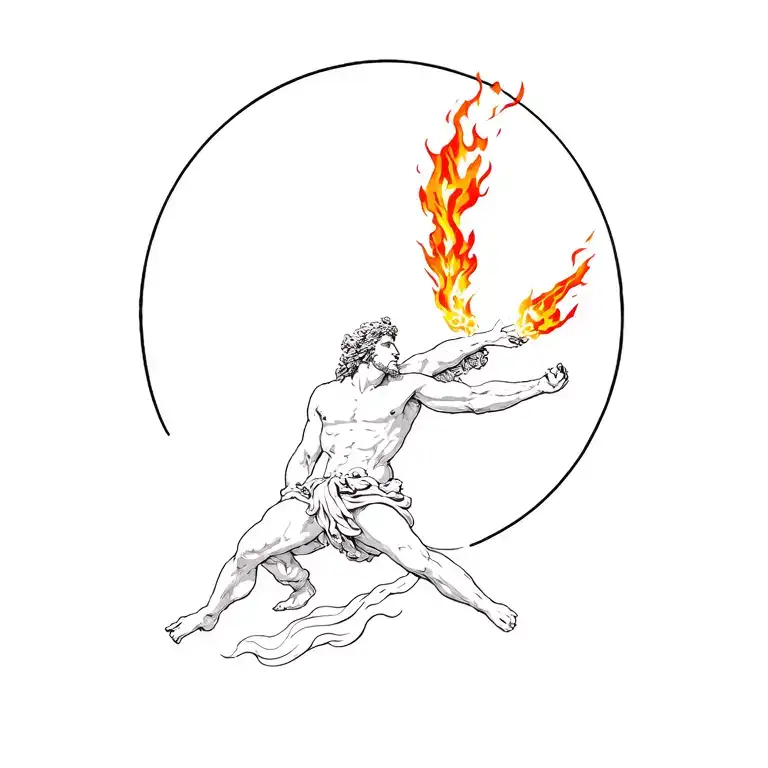 Mythological tattoo design of Prometheus stealing fire from Zeus and giving it to humanity, symbolizing sacrifice and ri tattoo design idea