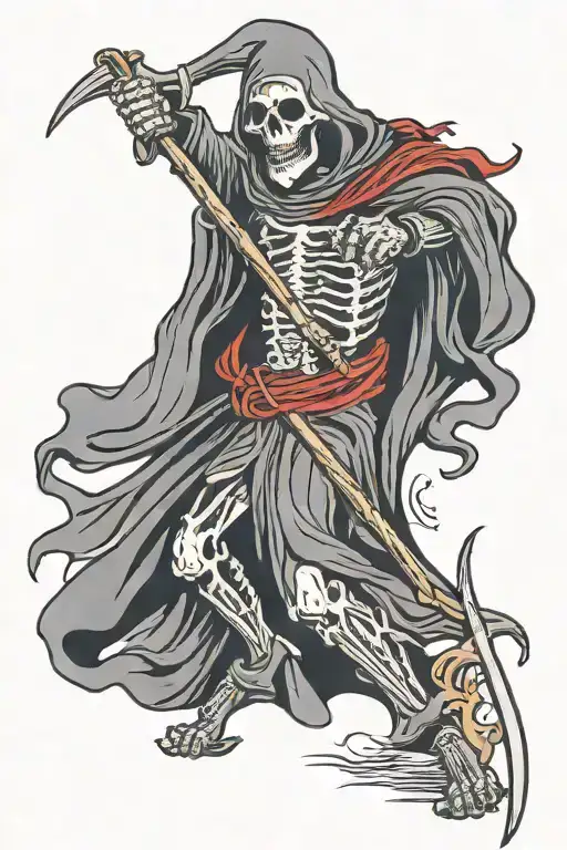 grim reaper holding a sythe getting kicked in the but with a boot tattoo design idea