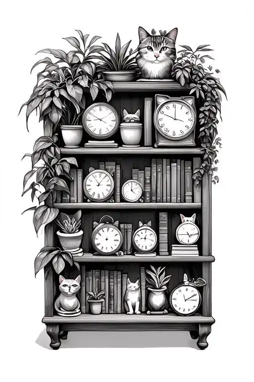 bookshelf with plants, cats and clocks tattoo design idea