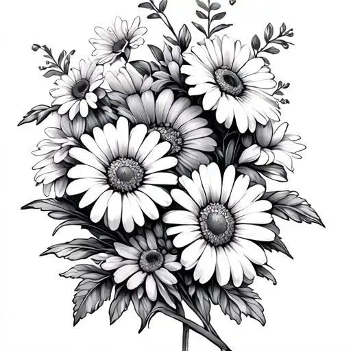 Elegant, dense flower tendril with fresien daisies, etc. for the thigh. Fine black line art tattoo design idea