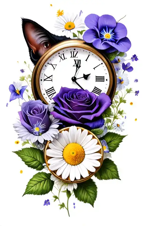 rose and thunderstorm and violets and clock and cat eyes and daisies tattoo design idea