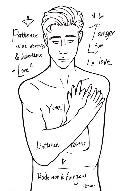 A man in love with a few English words about patience, anger, love, and a few symbols of God's existence. tattoo design idea