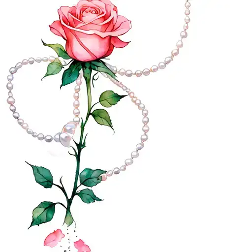 A watercolor minimalist tattoo of a long rose with a pearl necklace around it, and petals below the rose stem.  tattoo design idea