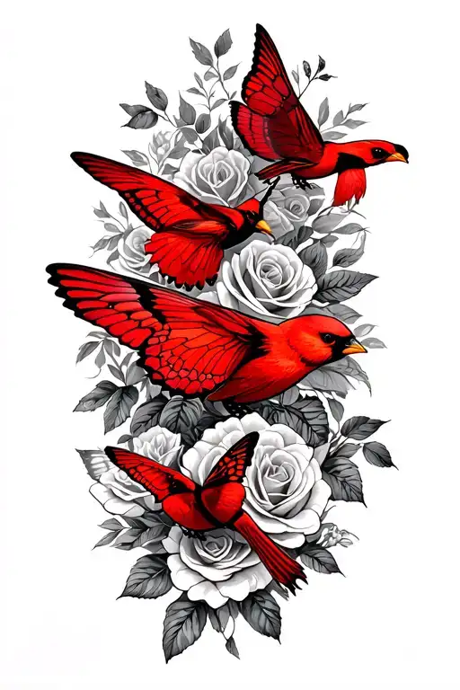 butterflies,roses,2 red cardinal flying towards tattoo design idea
