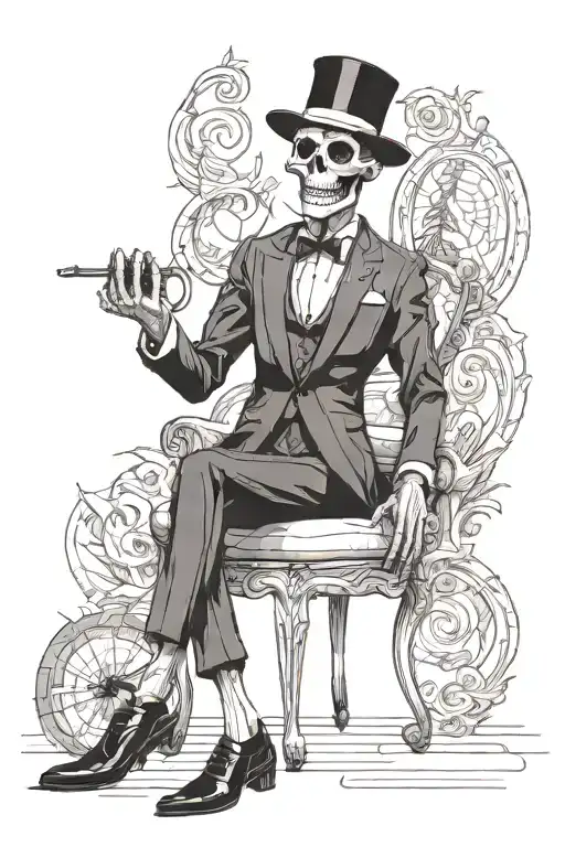 full body dark skeleton wearing a three piece suit and a frank sinatra hat tattoo design idea