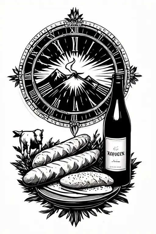 Solar dial with bread baguette wine bottle mountain and cow tattoo design idea