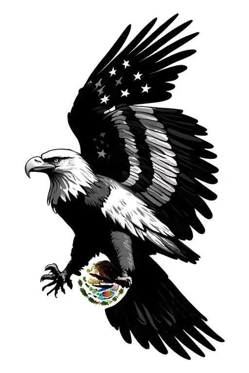 Fierce American Bald Eagle wing spread america flag and mexico flag mixed together tattoo design idea