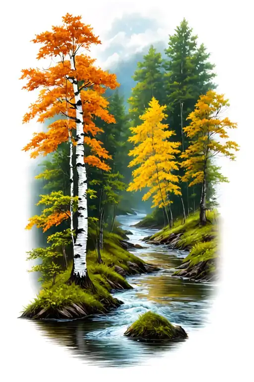 birch and maple trees with rivers tattoo design idea