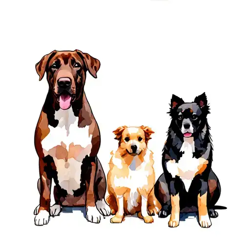mantle great dane, 2 dark golden retrievers,  light golden retriever, and black pomeranian sitting together tattoo design idea