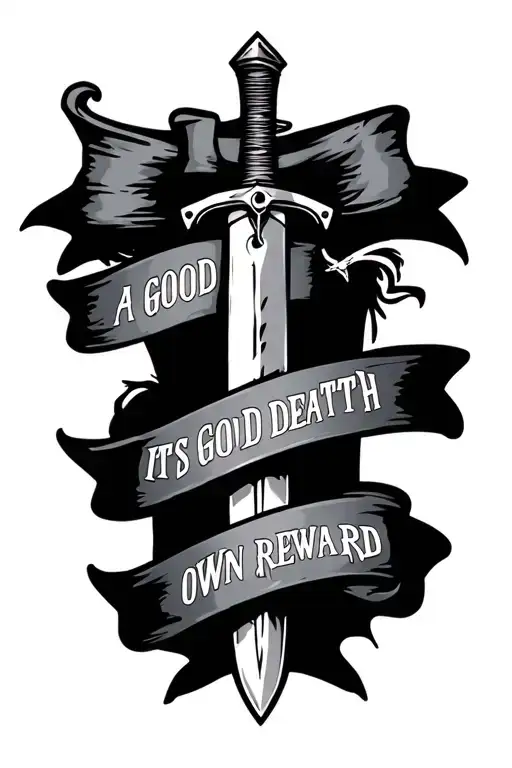 "A good death is its own reward" commando dagger with banner wrapped tattoo design idea