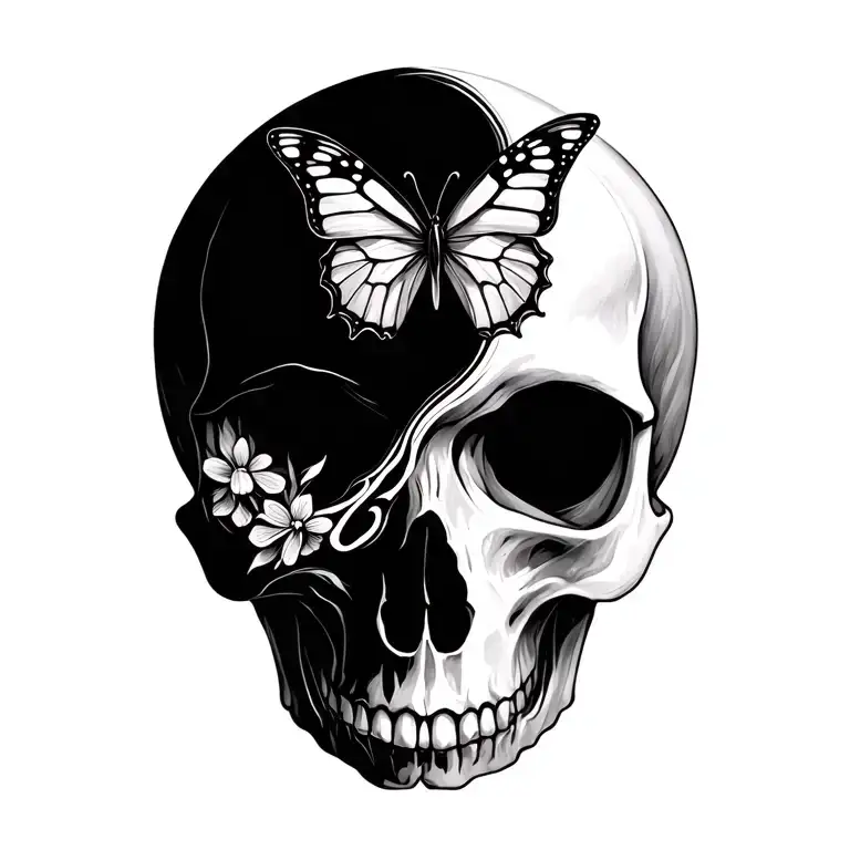 skull and butterfly Yin Yang symbol tattoo design idea