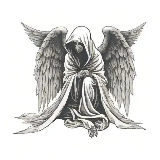 hooded angel of death with big and wide wings facing foward with black face  tattoo design idea