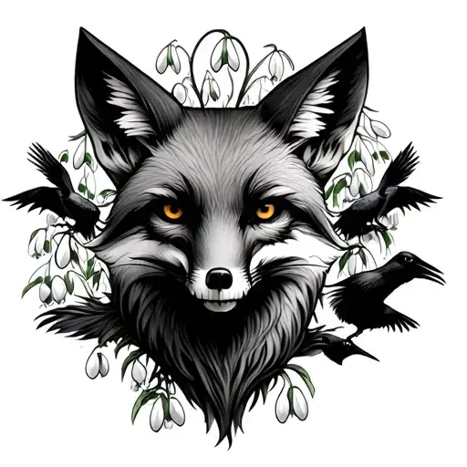 I want a creepy fox surrounded by snowdrops, skulls and crows tattoo design idea