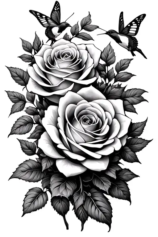 roses blooming with butterfly and hummingbirds flying tattoo design idea