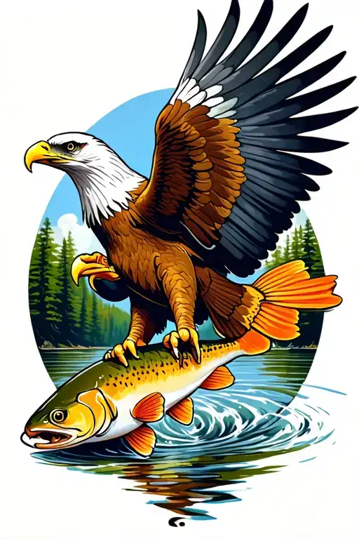 American traditional eagle grasping a brook trout in talons tattoo design idea