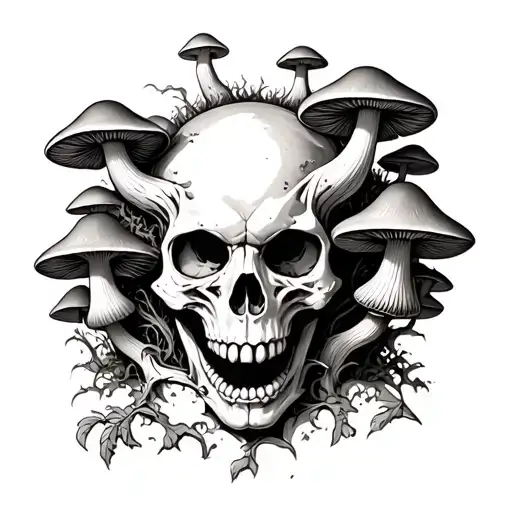mushrooms growing out of a demon skull faceing forward  tattoo design idea