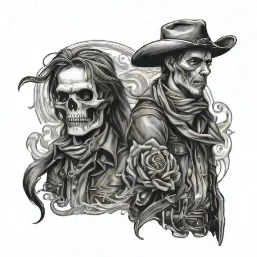 in love witha outlaw skull cowboy tattoo design idea