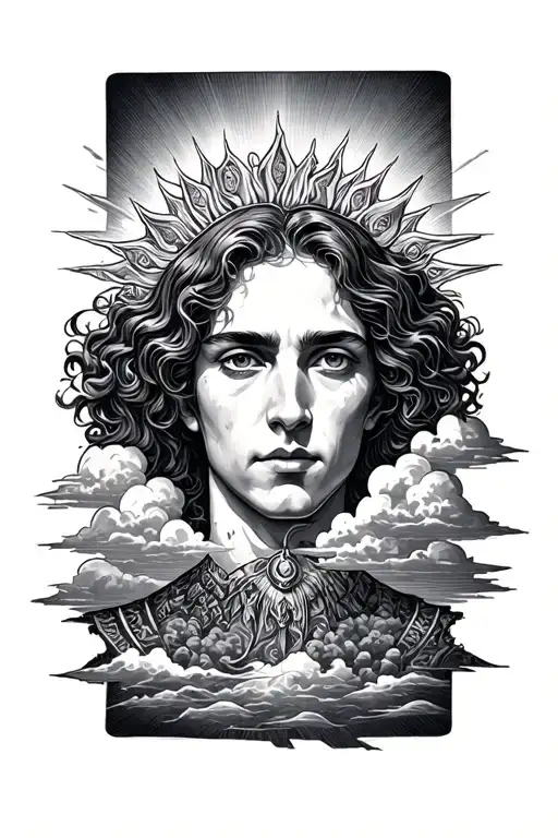 Deller in the middle surrounded by sun rays and clouds tattoo design idea