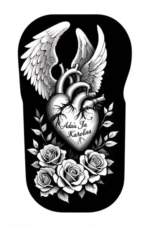 The angel's wings protect the heart, the names of Adaś, Jaś, Karolina are written at the heart. There are roses under the heart tattoo design idea