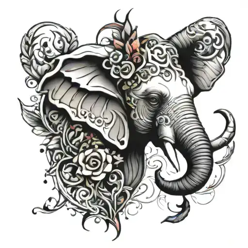elephant and stag split face tattoo design idea