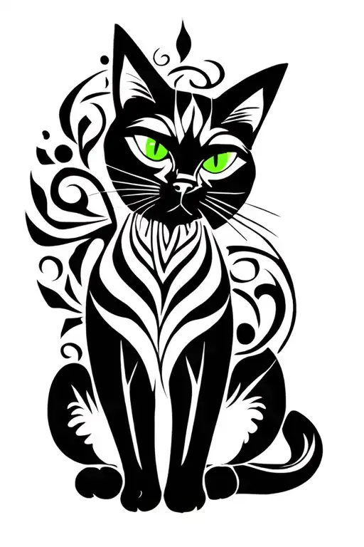 black cat with green eyes sitting tattoo design idea