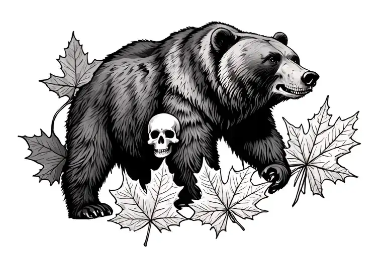 Bear and skulls and Maple leafs tattoo design idea